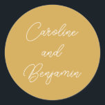 Modern Handwriting Script Wedding Name Yellow Classic Round Sticker<br><div class="desc">Stylish Modern Handwriting Script Wedding Names Classic Round Sticker in Dusty Yellow</div>
