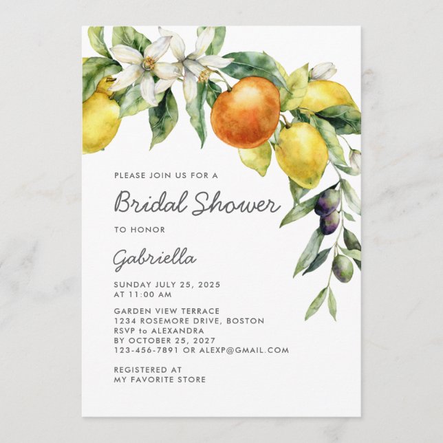 Modern Handwritte Script Citrus Bridal Shower Invitation (Front)