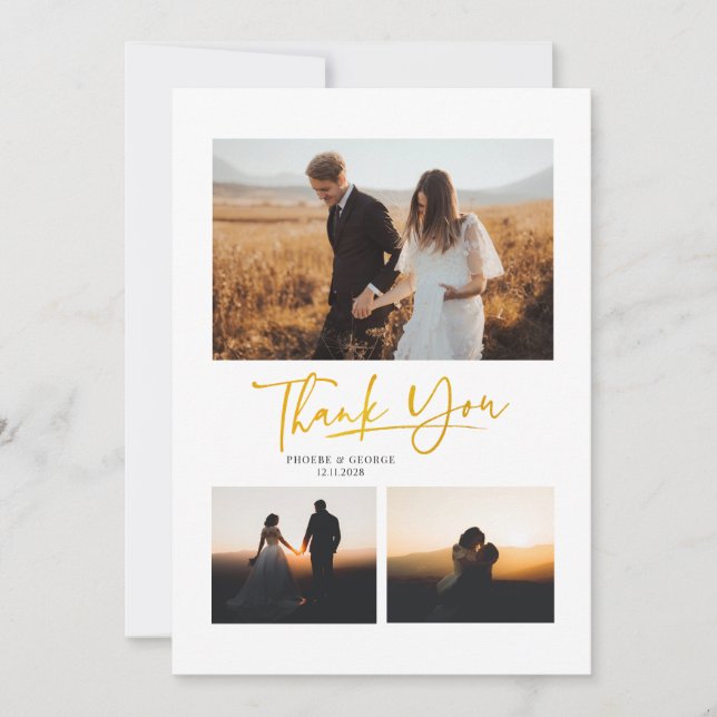 Modern Handwritten 4 Photos Wedding Thank You Card (Front)