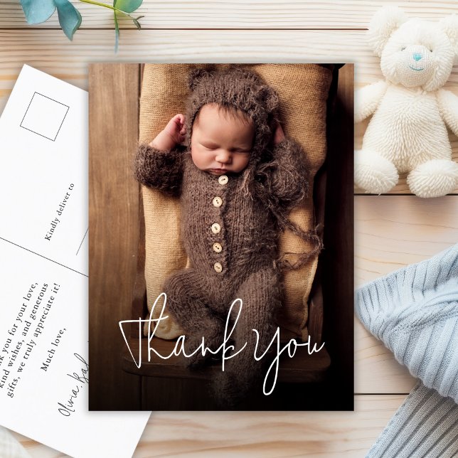 Modern Handwritten Baby Shower Photo Thank You Postcard (Creator Uploaded)