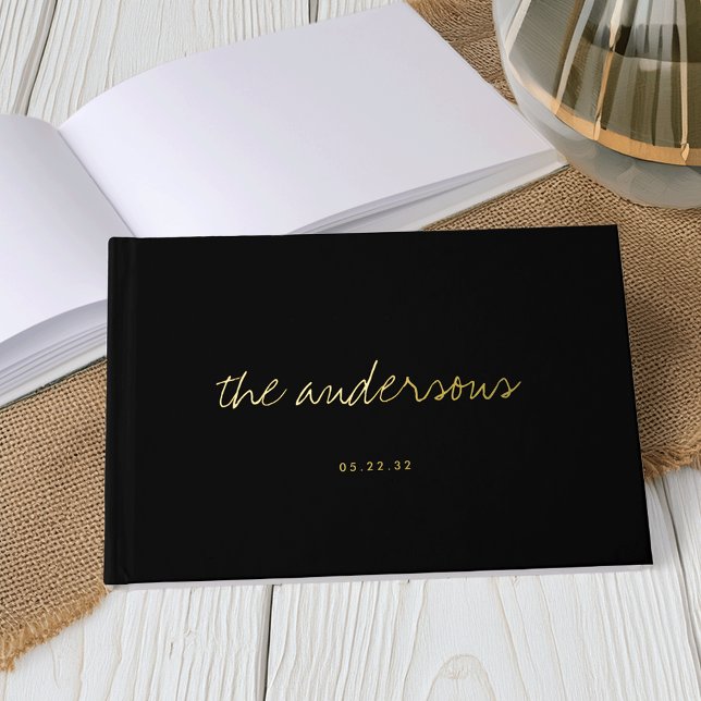 Modern Handwritten Black and Gold Wedding Guest Book (Creator Uploaded)