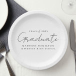 Modern Handwritten Black Script Graduation Paper Plate<br><div class="desc">Elevate your graduation party decor with our stylish graduation paper plates! Featuring a chic handwritten black script and white background, these paper plates add a touch of sophistication to your celebration. Personalise them with the graduate's name, graduation year, and school name. Whether you're serving snacks or drinks, these plates are...</div>