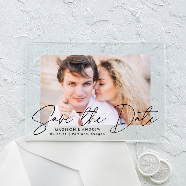 Modern Handwritten Black Script Save the Date Acrylic Invitations (Creator Uploaded)