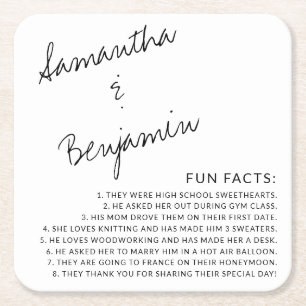 Modern Handwritten Black & White Fun Facts WeddinG Square Paper Coaster
