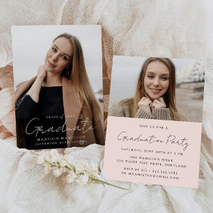 Modern Handwritten Blush Script 2 Photo Graduation Invitation