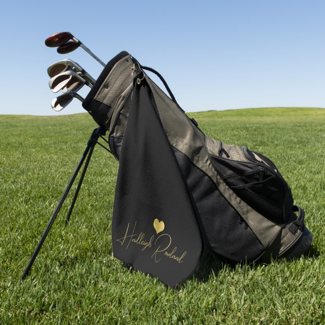 Modern Handwritten Gold Script Name Monogram Black Golf Towel (Green)