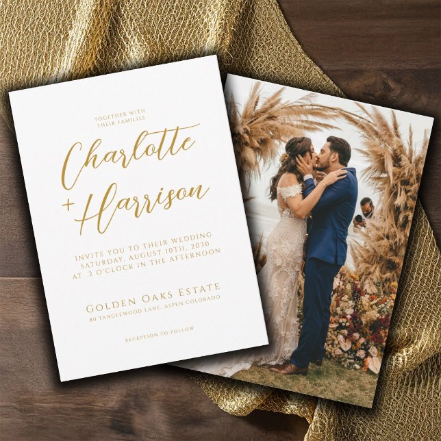 Modern Handwritten Gold Script Photo Wedding Invitation (Creator Uploaded)