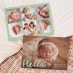 Modern Handwritten Hello Mint Photo Collage Birth Announcement