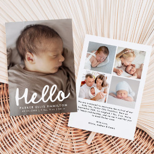 Modern Handwritten Hello Photo Collage Birth Announcement