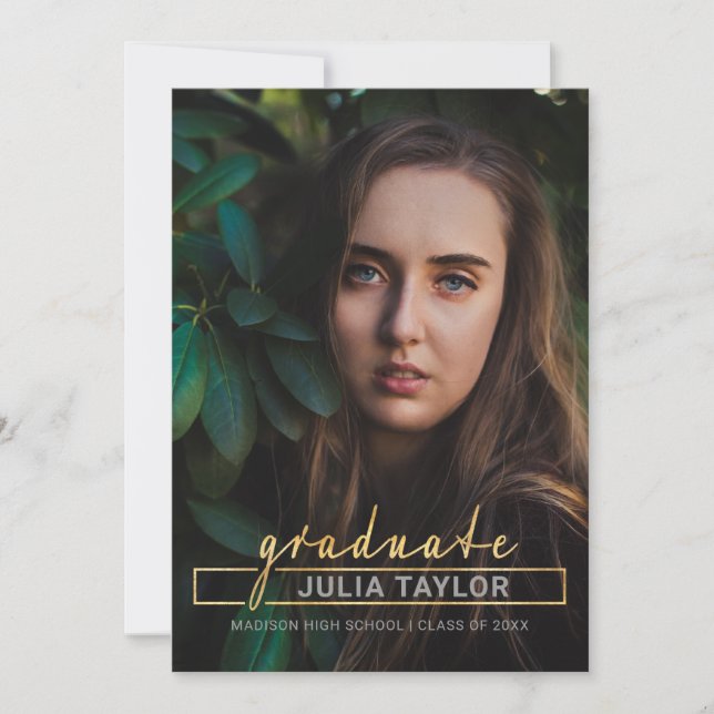 Modern Handwritten Luxurious Gold Photo Graduation Announcement (Front)