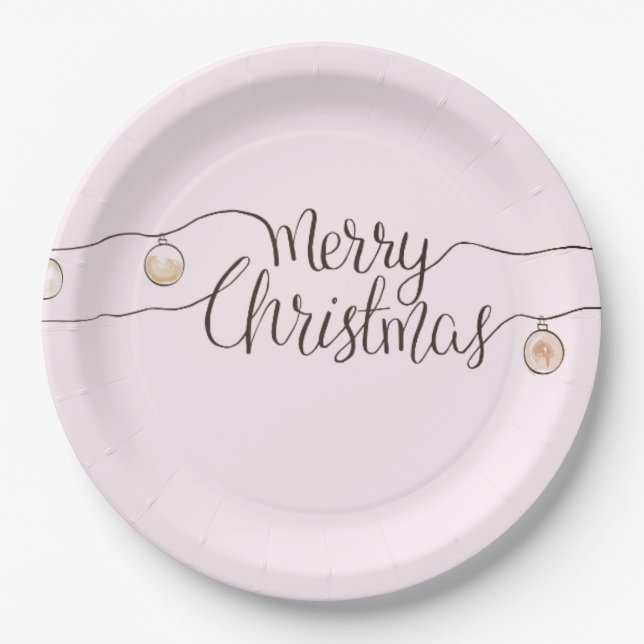 Modern Handwritten Merry Christmas String Of Light Paper Plate (Front)