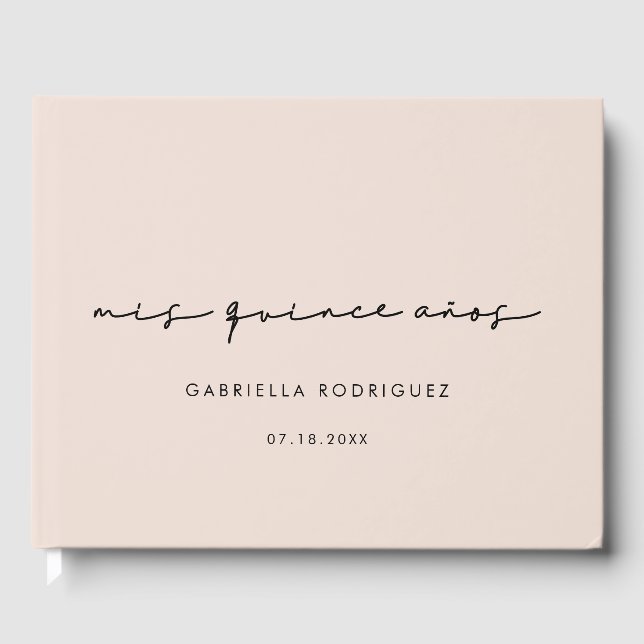Modern handwritten Mis quince años blush pink Guest Book (Front)