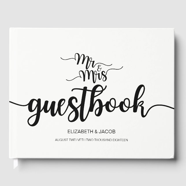 Modern Handwritten Mr. and Mrs. Wedding Guestbook (Front)