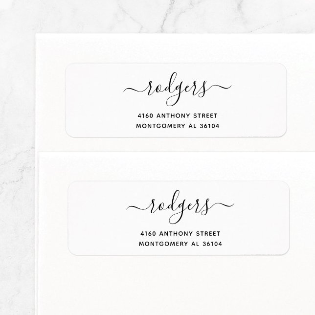 Modern Handwritten Name & Return Address 08. (Simple, basic return address label features modern, elegant script family name with swashes.)