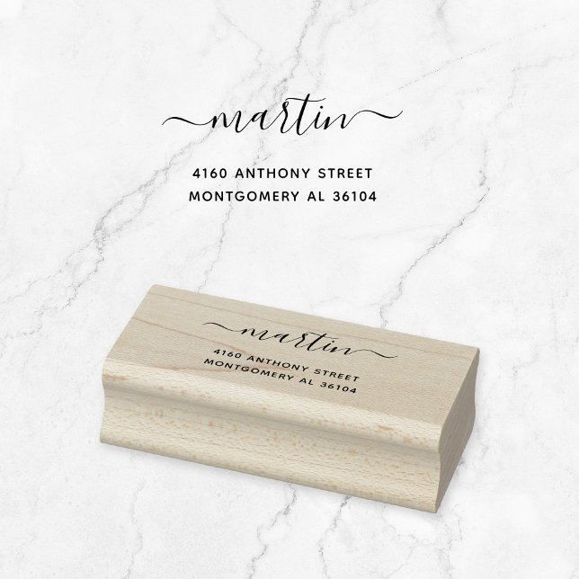 Modern Handwritten Name & Return Address 08e. Rubber Stamp (Modern, script calligraphy with swashes wooden return address stamp. Basic typography address stamp.)
