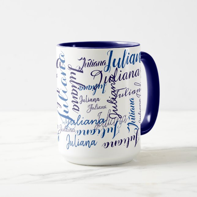 modern handwritten names pattern on blue mug (Front Right)