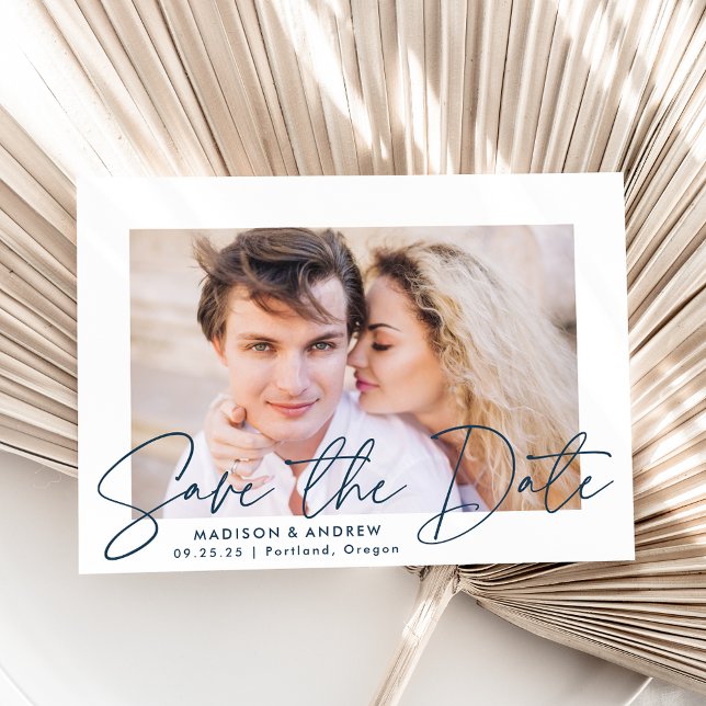 Modern Handwritten Navy Script Photo Save The Date (Creator Uploaded)