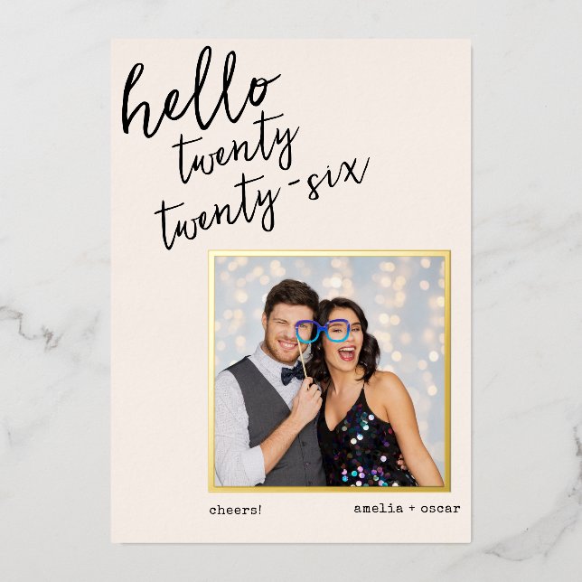 Modern Handwritten New Year Photo Wedding Gold Foil Holiday Card (Front)