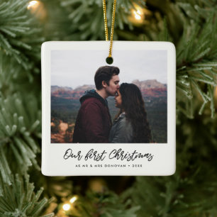 Modern handwritten Our First Christmas photo Ceramic Ornament