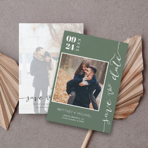 Modern Handwritten Photo Save The Date Dark Green