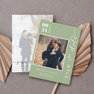 Modern Handwritten Photo Save The Date Sage Green