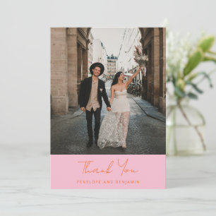 Modern Handwritten Pink Orange Wedding Photo Thank You Card
