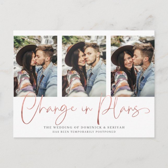 Modern Handwritten Rose Gold Wedding Postponement Postcard (Front)