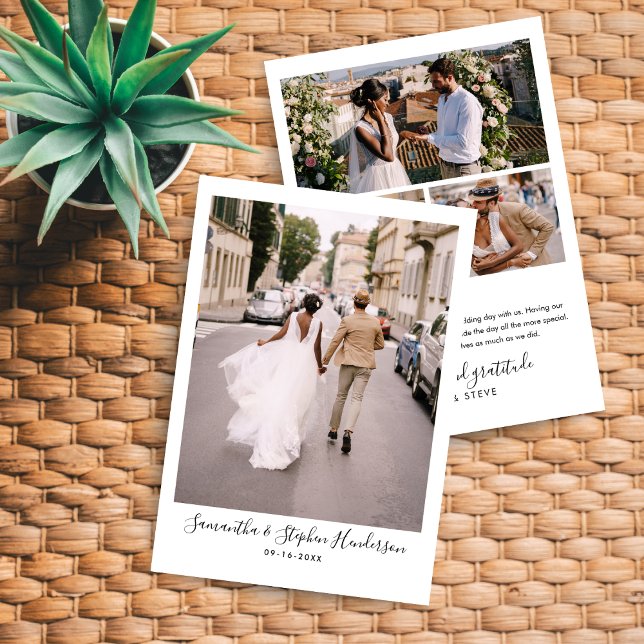 Modern Handwritten Script & 4 Photos Wedding Thank You Card (Creator Uploaded)