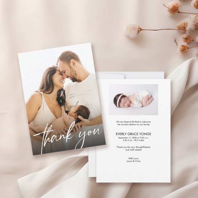Modern Handwritten Script Baby Girl Photos Birth Thank You Card (Modern, Handlettering script baby shower Thank you and birth stat baby announcement photo card.)