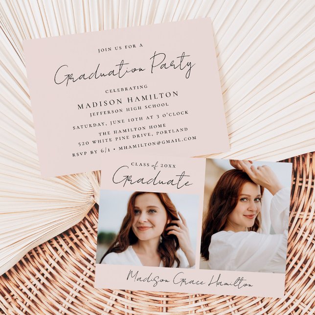 Modern Handwritten Script Blush 2 Photo Graduation Invitation (Creator Uploaded)