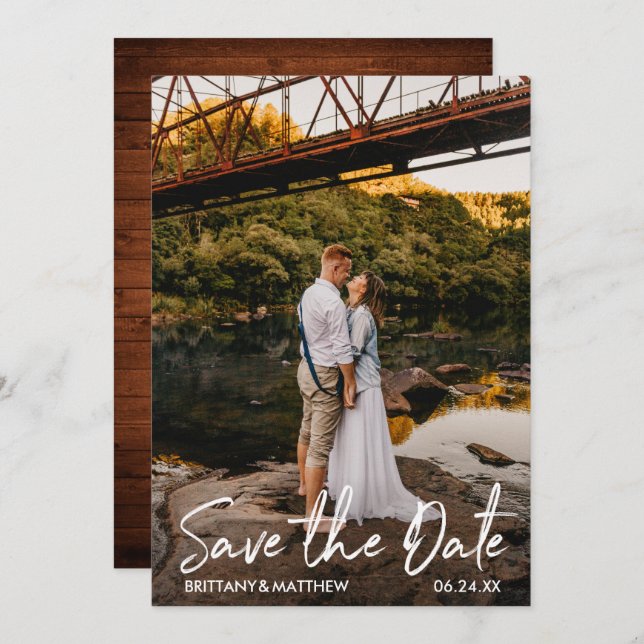 Modern Handwritten Script Couple Photo Wood Save The Date (Front/Back)
