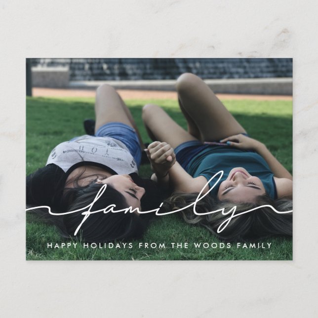 Modern handwritten script family photo holiday postcard (Front)