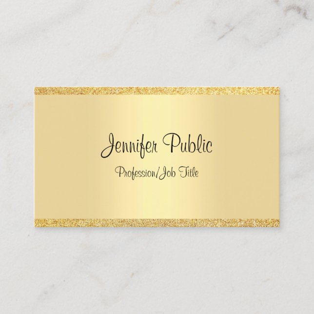 Modern Handwritten Script Gold Glitter Template Business Card (Front)