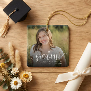 Modern Handwritten Script Graduation Photo Ceramic Ornament