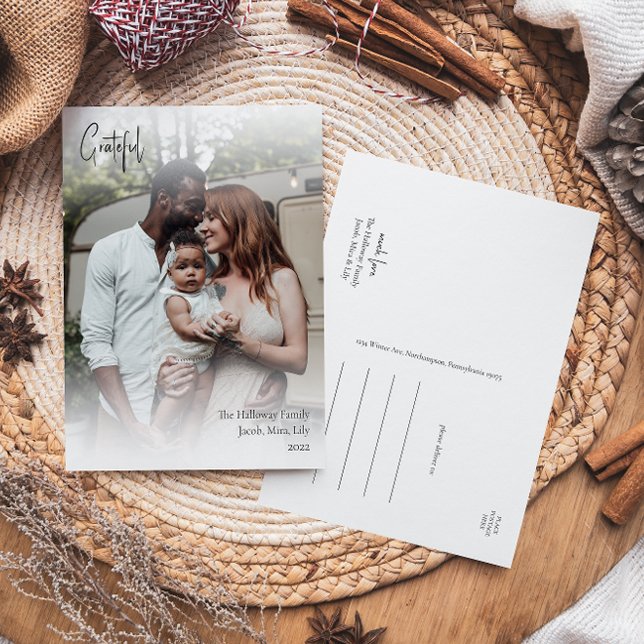Modern Handwritten Script Grateful Full Photo Holiday Postcard (Creator Uploaded)