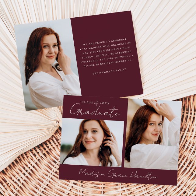 Modern Handwritten Script Maroon Photo Graduation Announcement (Creator Uploaded)