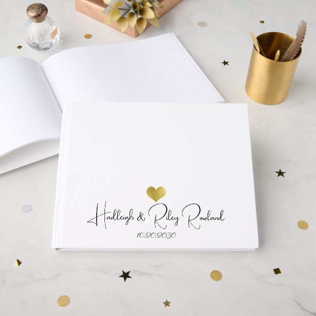 Modern Handwritten Script Name Gold Heart Wedding Guest Book (Front Open)