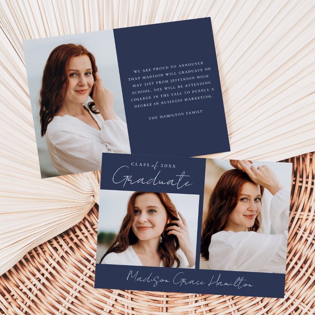 Modern Handwritten Script Navy 3 Photo Graduation Announcement (Creator Uploaded)