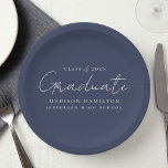 Modern Handwritten Script Navy Graduation Paper Plate<br><div class="desc">Elevate your graduation party decor with our stylish graduation paper plates! Featuring a chic handwritten white script and a navy background, these paper plates add a touch of sophistication to your celebration. Personalize them with the graduate's name, graduation year, and school name. Whether you're serving snacks or drinks, these plates...</div>