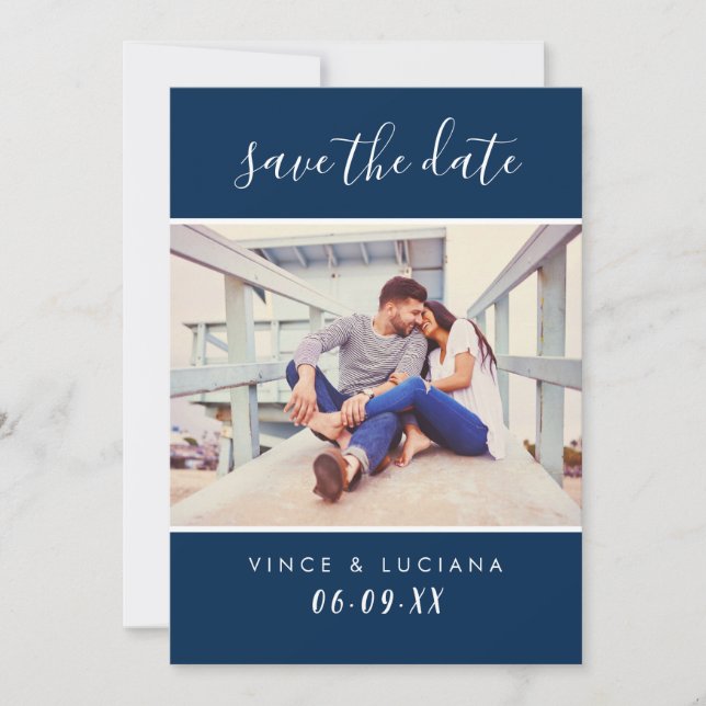 Modern Handwritten Script Navy Wedding Photo Save The Date (Front)