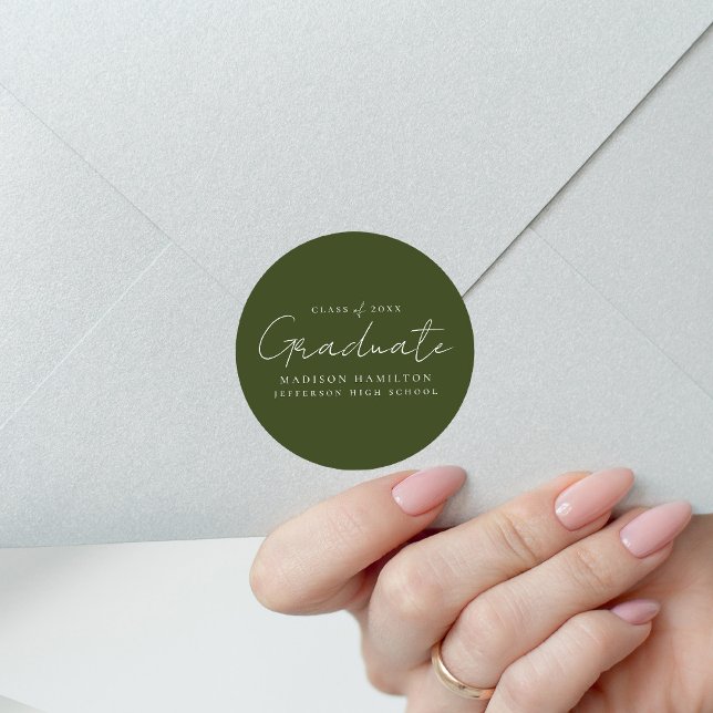Modern Handwritten Script Olive Green Graduation Classic Round Sticker (Creator Uploaded)