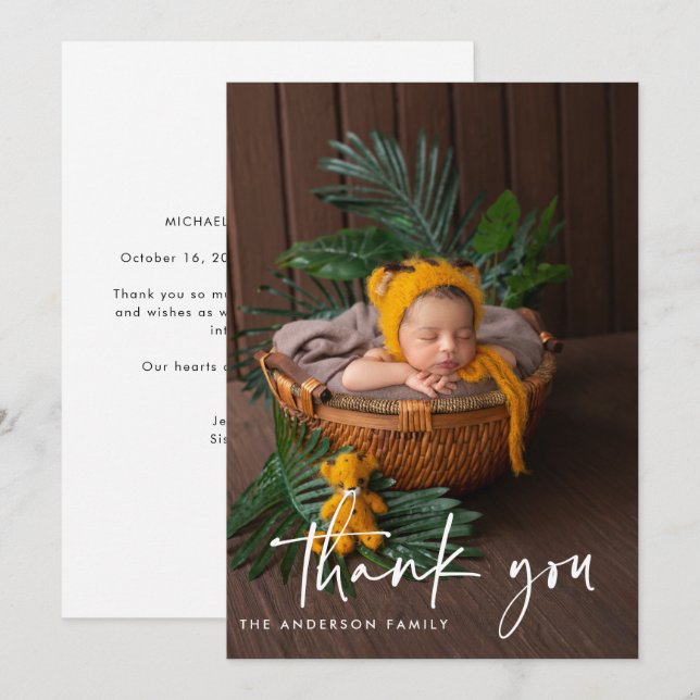 Modern Handwritten Script Photo Baby Thank You Announcement (Front/Back)