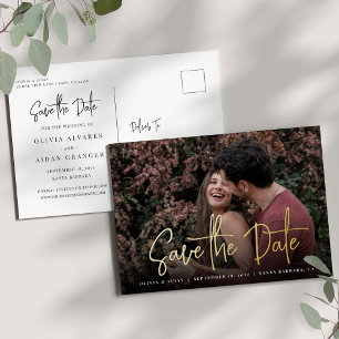 Modern Handwritten Script Photo Save the Date Foil Foil Invitation Postcard