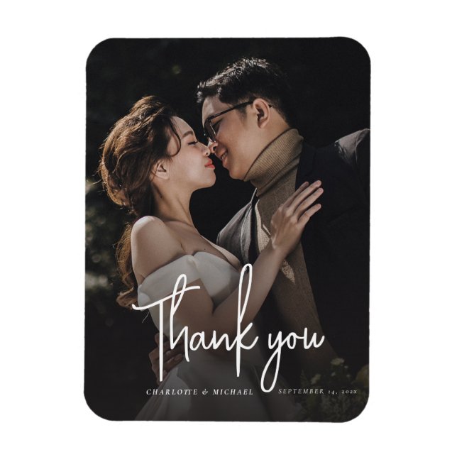 Modern Handwritten Script Photo Wedding Magnet (Vertical)