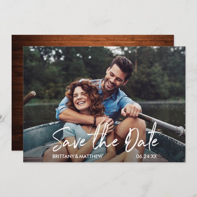 Modern Handwritten Script Photo Wood Save The Date (Front/Back)