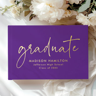 Modern Handwritten Script Purple Photo Graduation Guest Book