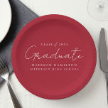 Modern Handwritten Script Red Graduation Paper Plate<br><div class="desc">Elevate your graduation party decor with our stylish graduation paper plates! Featuring a chic handwritten white script and red background, these paper plates add a touch of sophistication to your celebration. Personalize them with the graduate's name, graduation year, and school name. Whether you're serving snacks or drinks, these plates are...</div>
