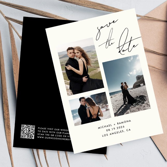 Modern Handwritten Script Three Photo QR Code Save The Date (Creator Uploaded)