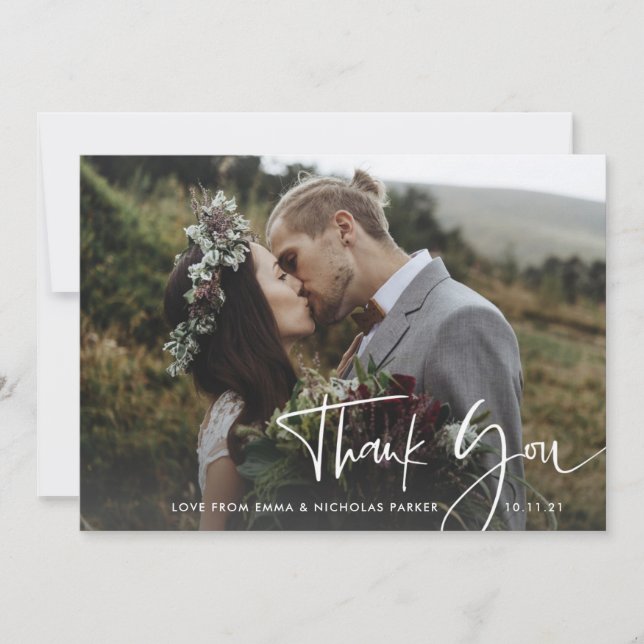 Modern Handwritten Script | Two Photo Wedding Thank You Card (Front)