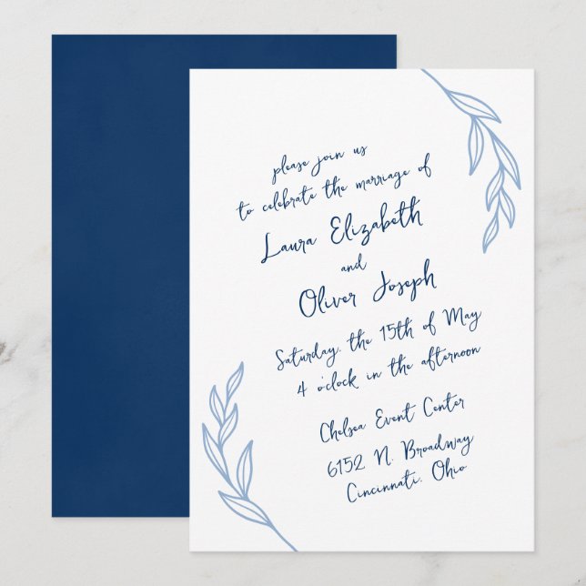 Modern Handwritten Script Wedding Invitations Blue (Front/Back)